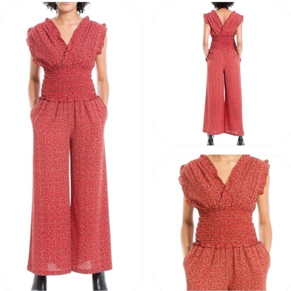 NWT Max Studio Wide Leg Shirred Smocked Waist V-Neck Crepe Jumpsuit Tomato Girl - Picture 1 of 10